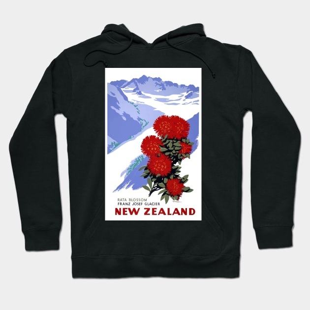 Vintage Travel Poster New Zealand Rata Blossom Franz Josef Glacier Hoodie by vintagetreasure